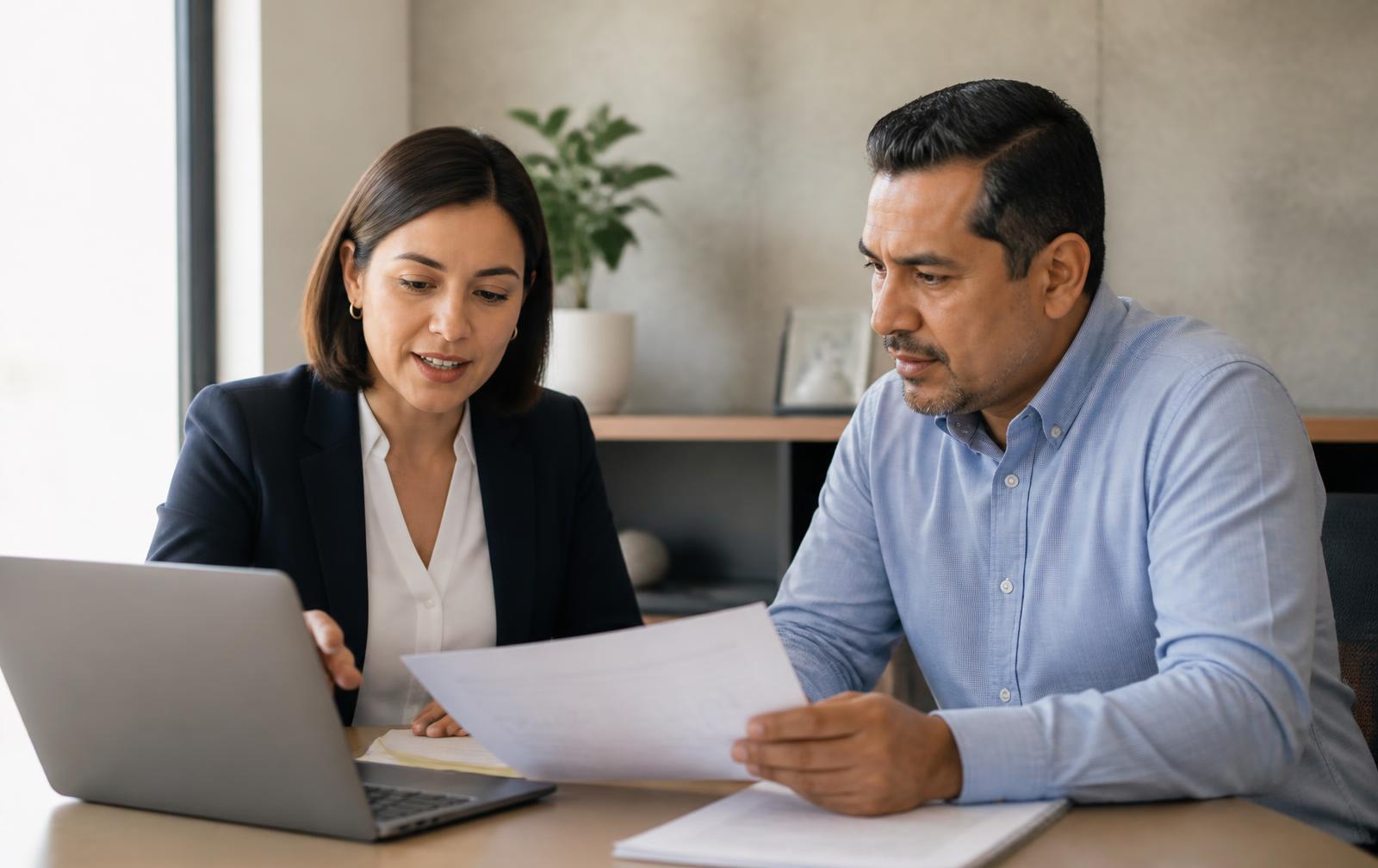 Consultora de Altoma Financial analizando información junto a un directivo de empresa