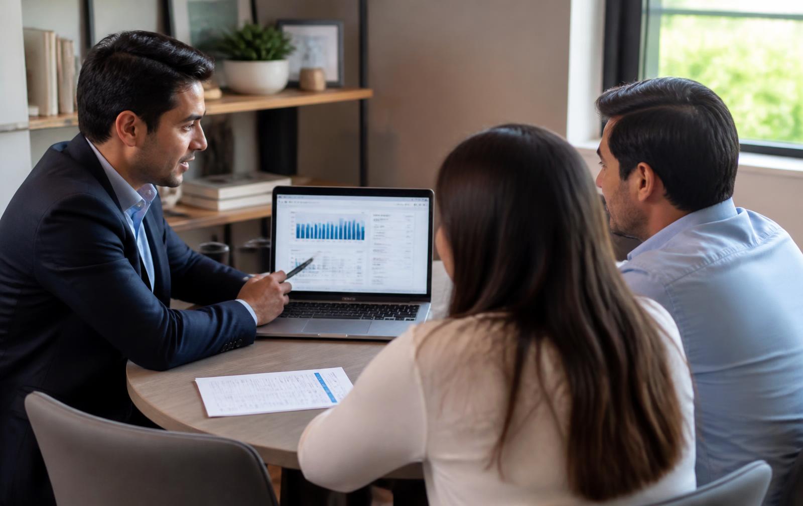 Consultor de Altoma Financial revisando alternativas de financiamiento con una pareja
