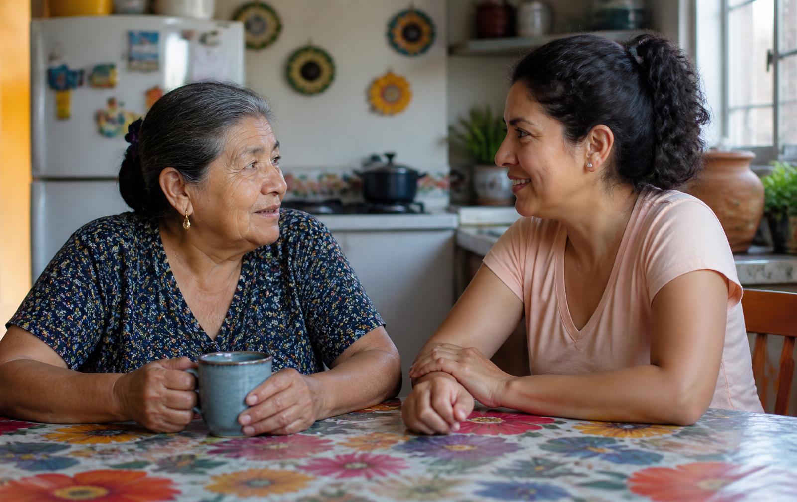 Dos mujeres conversando en la cocina de su casa con luz natural